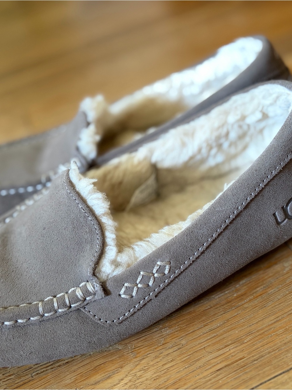 UGG Taupe Suede Moccasin Slippers with Cream Lining